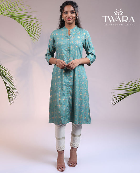 Twara green argyle glitter printed 3/4th sleeve & Chinese collar cotton a-line below-knee kurti