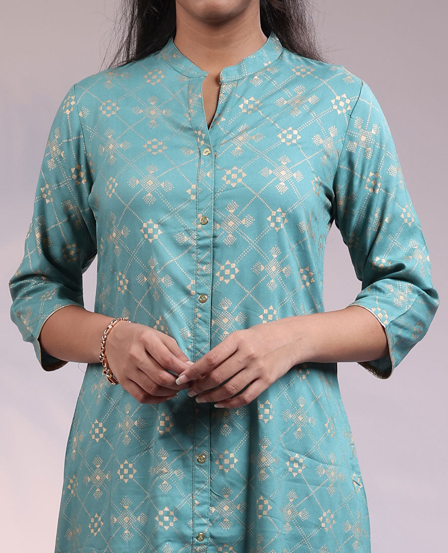 Twara green argyle glitter printed 3/4th sleeve & Chinese collar cotton a-line below-knee kurti