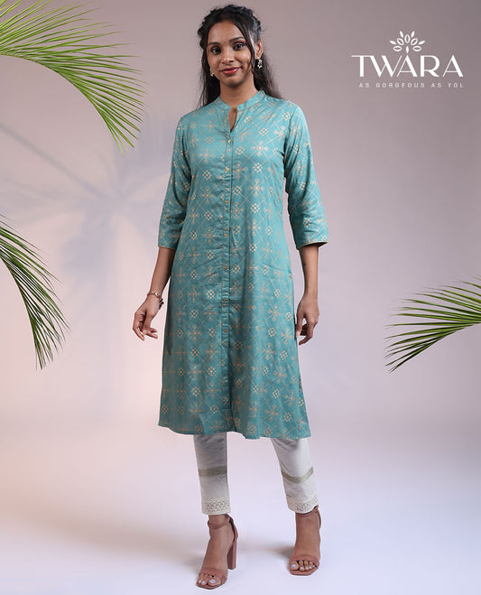 Twara green argyle glitter printed 3/4th sleeve & Chinese collar cotton a-line below-knee kurti
