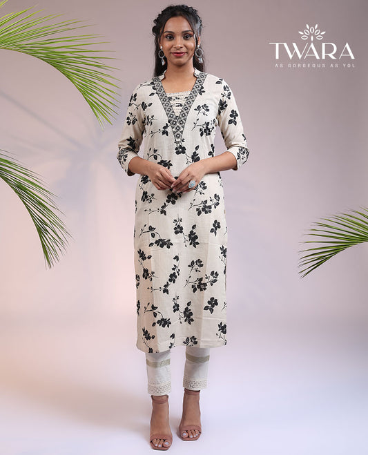 Twara off-white floral motifs printed 3/4th sleeve & collar cotton straight-cut below-knee kurti