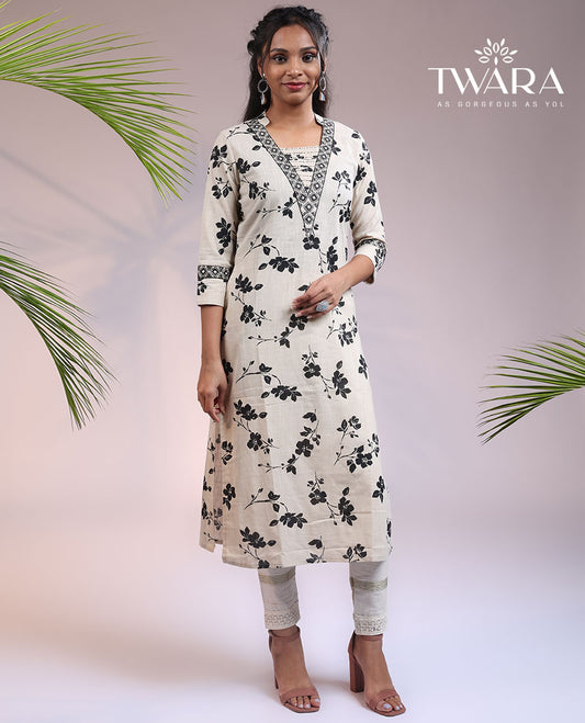 Twara off-white floral motifs printed 3/4th sleeve & collar cotton straight-cut below-knee kurti