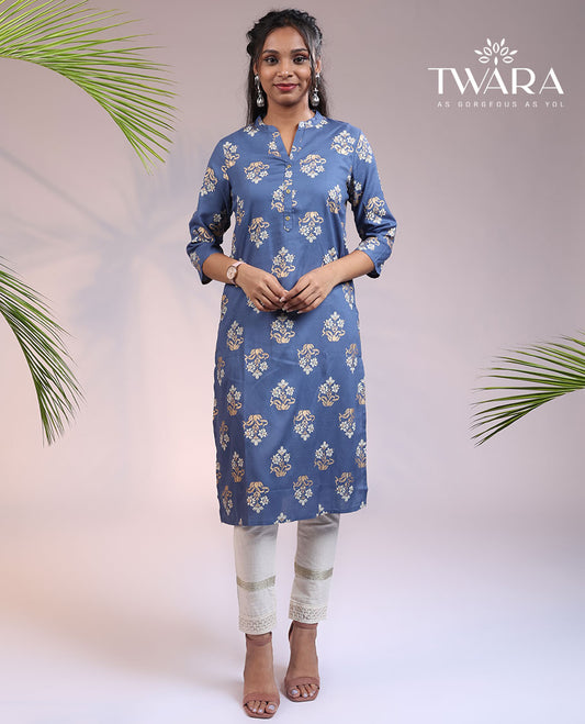Twara blue unique buttas 3/4th sleeve & Chinese collar cotton straight-cut knee-length kurti