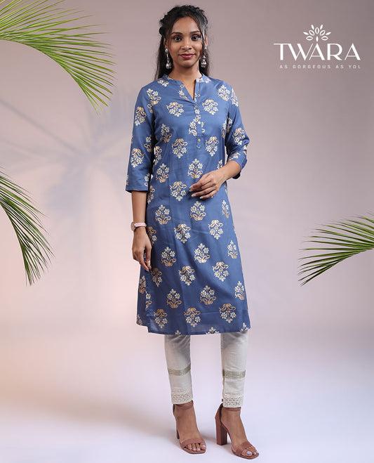 Twara blue unique buttas 3/4th sleeve & Chinese collar cotton straight-cut knee-length kurti