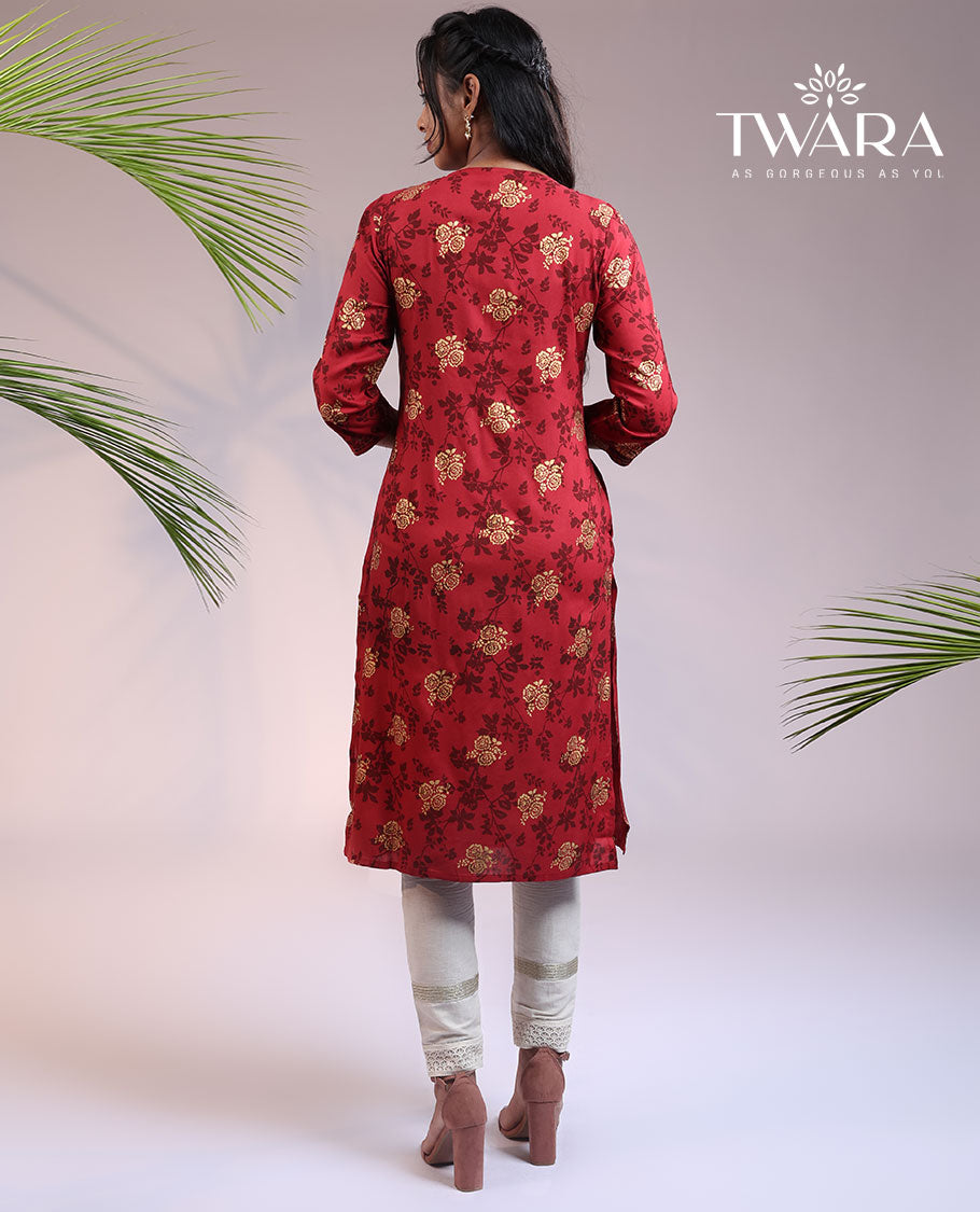 Twara maroon floral printed & glitter work 3/4th sleeve & V-neck rayon straight-cut below-knee kurti
