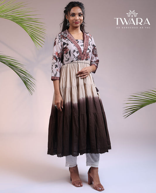 Twara brown floral print 3/4th sleeve & collar a-line calf-length ombre kurti