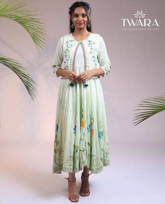 Twara pale green floral print 3/4th sleeve & round neck cotton a-line calf-length attached coat-style kurti