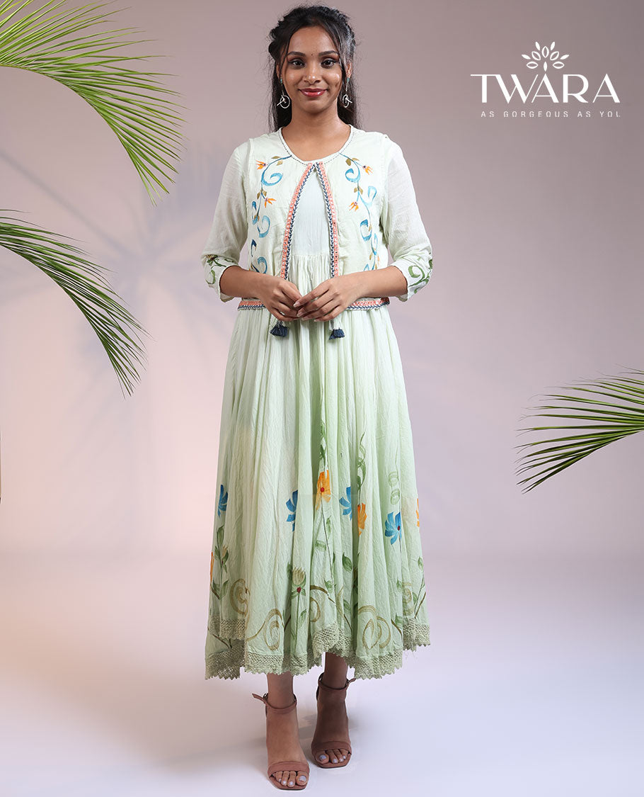 Twara pale green floral print 3/4th sleeve & round neck cotton a-line calf-length attached coat-style kurti