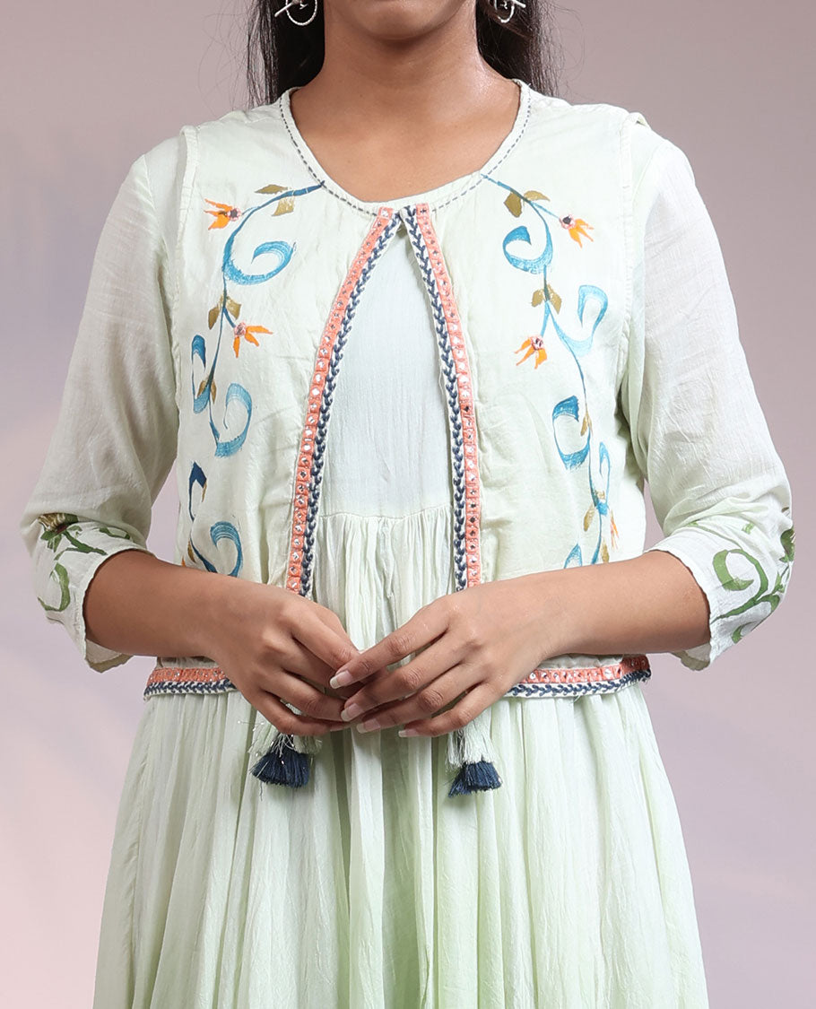 Twara pale green floral print 3/4th sleeve & round neck cotton a-line calf-length attached coat-style kurti