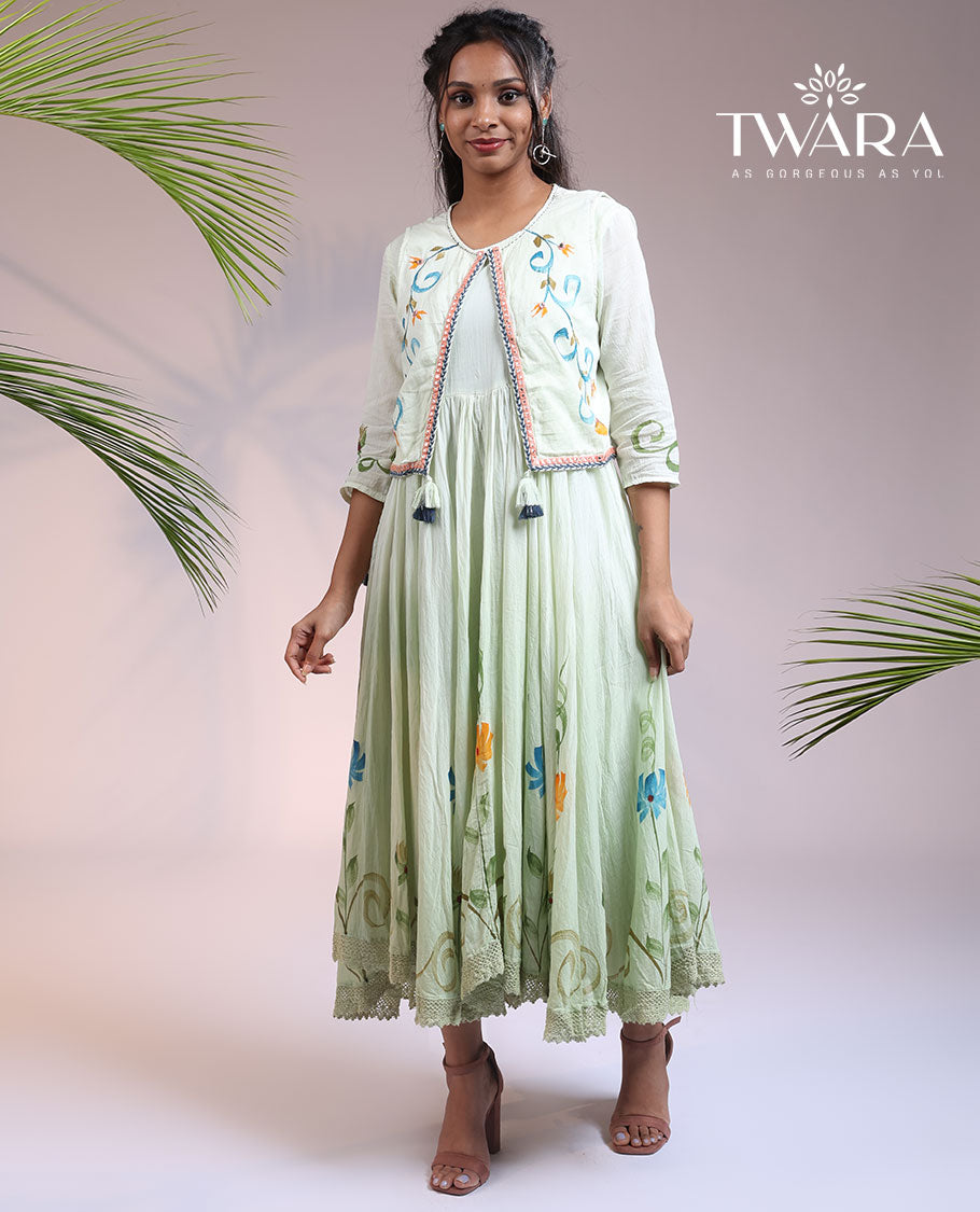 Twara pale green floral print 3/4th sleeve & round neck cotton a-line calf-length attached coat-style kurti