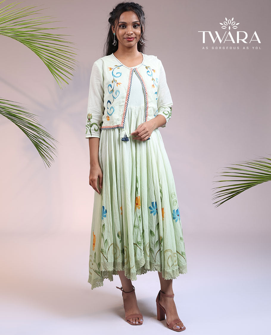 Twara pale green floral print 3/4th sleeve & round neck cotton a-line calf-length attached coat-style kurti