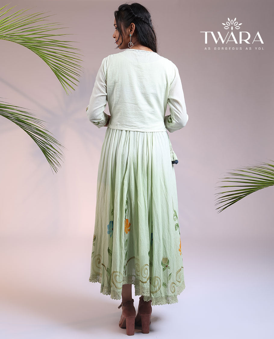 Twara pale green floral print 3/4th sleeve & round neck cotton a-line calf-length attached coat-style kurti