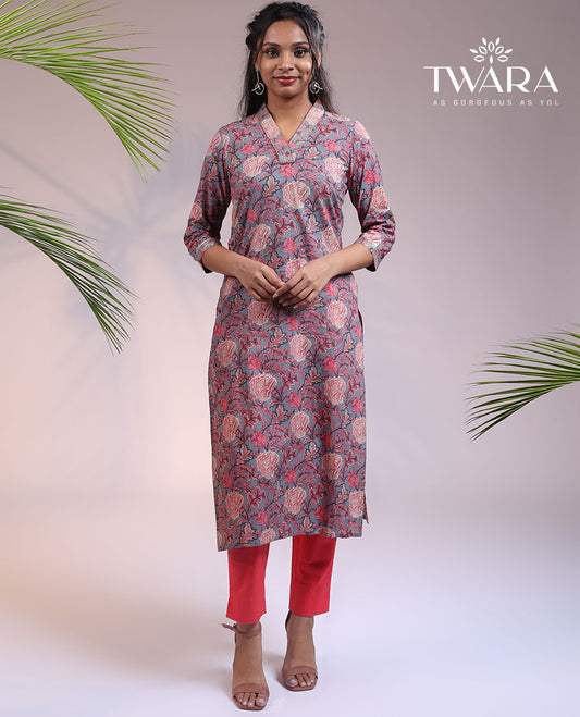 Twara grey floral printed 3/4th sleeve & V-neck cotton straight-cut below-knee kurti