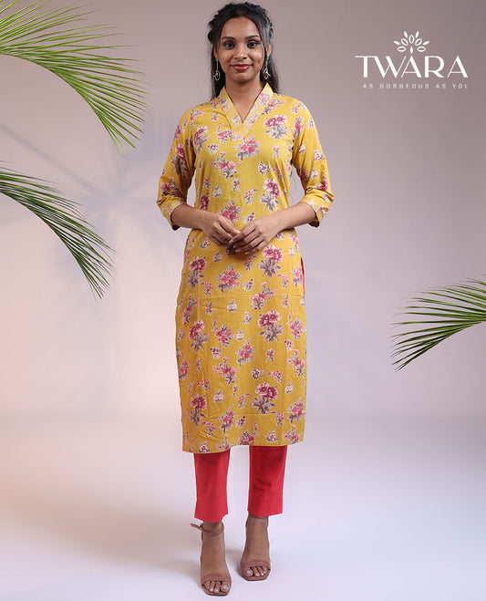 Twara mustard floral printed 3/4th sleeve & V-neck cotton straight-cut below-knee kurti