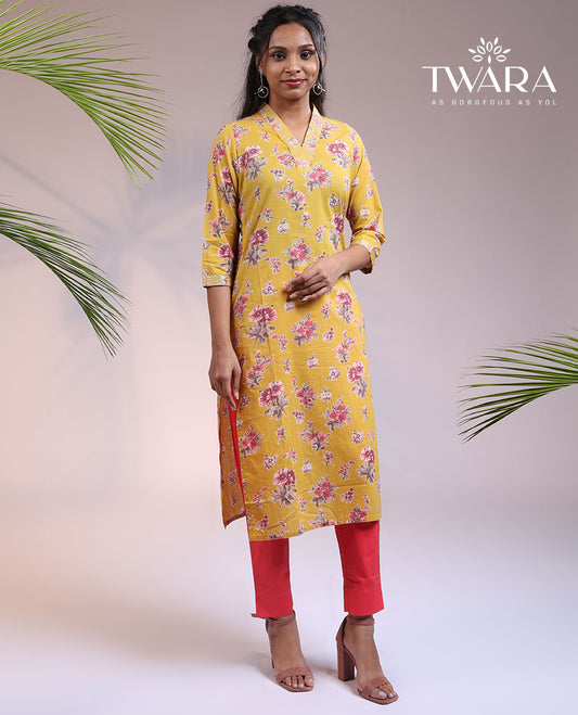Twara mustard floral printed 3/4th sleeve & V-neck cotton straight-cut below-knee kurti