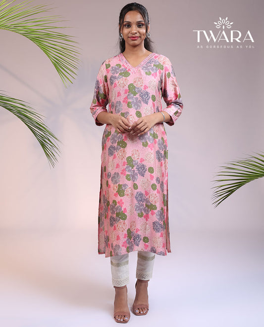 Twara pink floral printed with embroidered 3/4th sleeve & V-neck cotton straight-cut below-knee kurti