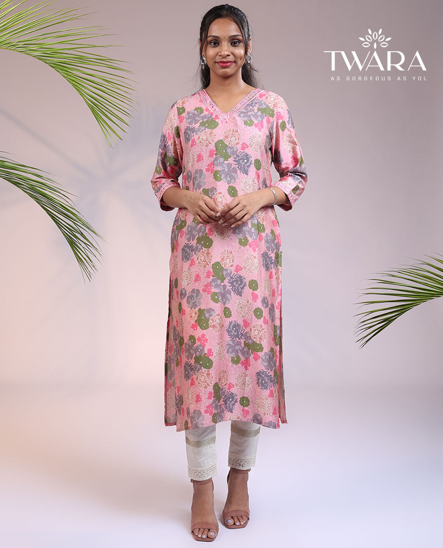 Twara pink floral printed with embroidered 3/4th sleeve & V-neck cotton straight-cut below-knee kurti