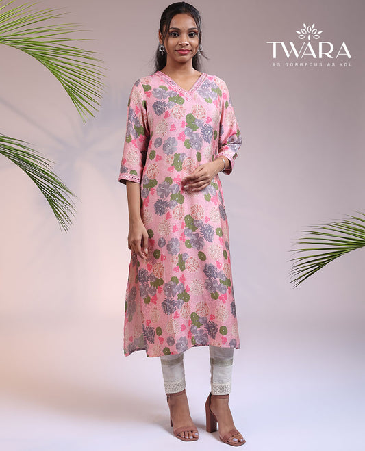 Twara pink floral printed with embroidered 3/4th sleeve & V-neck cotton straight-cut below-knee kurti