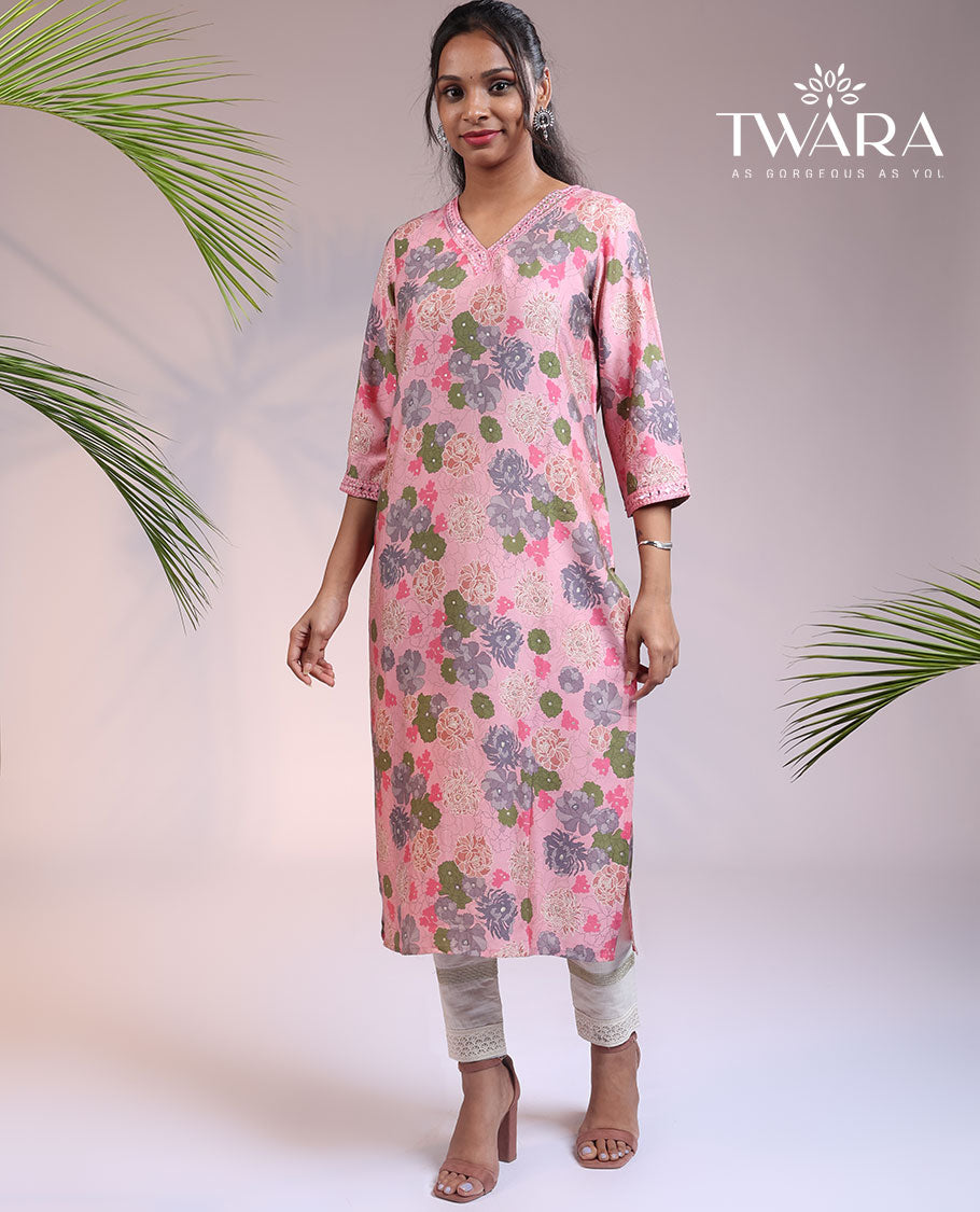 Twara pink floral printed with embroidered 3/4th sleeve & V-neck cotton straight-cut below-knee kurti