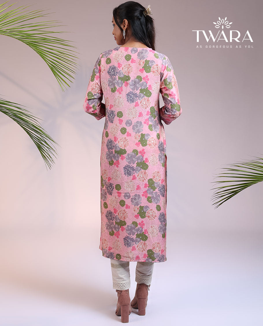 Twara pink floral printed with embroidered 3/4th sleeve & V-neck cotton straight-cut below-knee kurti