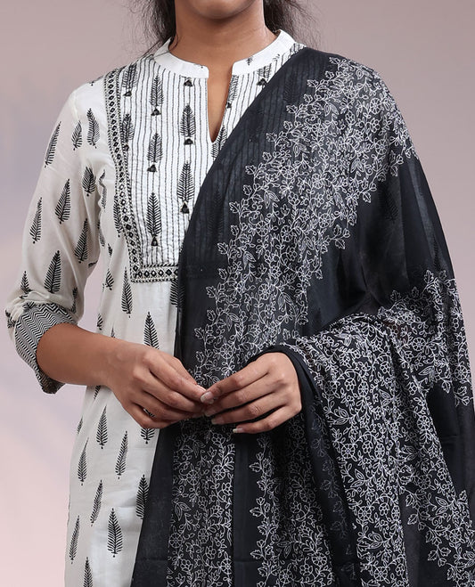 White readymade suit,unique motif Chinese collar 3/4th-sleeve cotton nyra-cut top,straight-cut pants & intricate dupatta