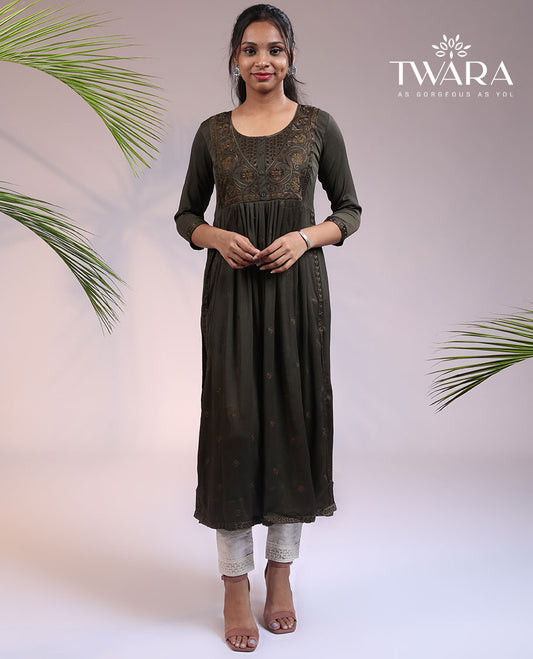 Twara green floral embroidered 3/4th sleeve & round-neck nyra-cut calf-length kurti