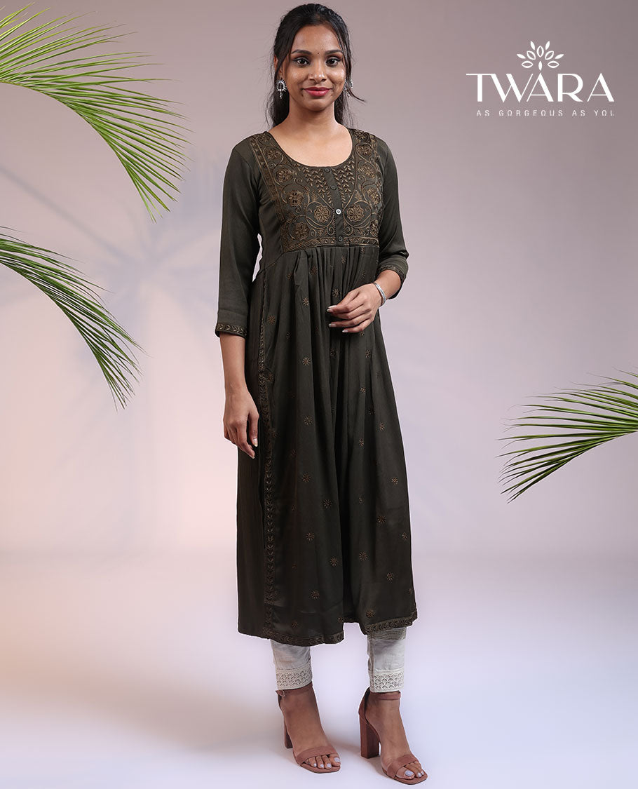 Twara green floral embroidered 3/4th sleeve & round-neck nyra-cut calf-length kurti