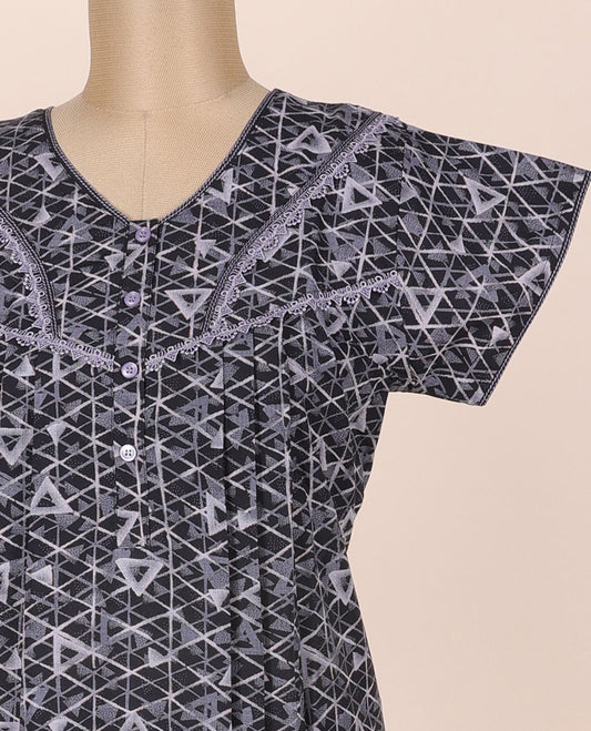 Black geometric printed & lace work cotton half-sleeve button-style nighty