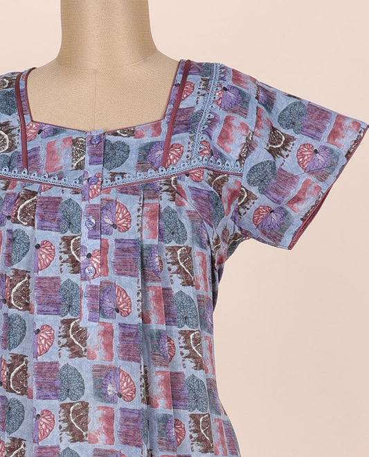 Multi-color leaf printed & lace work hexagon-neck cotton half-sleeve nighty