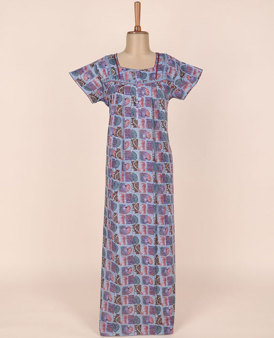 Multi-color leaf printed & lace work hexagon-neck cotton half-sleeve nighty