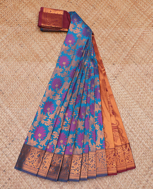 Blue floral jacquard design art silk saree, contrast floral & paisley zari border & pallu of floral designs