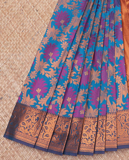 Blue floral jacquard design art silk saree, contrast floral & paisley zari border & pallu of floral designs