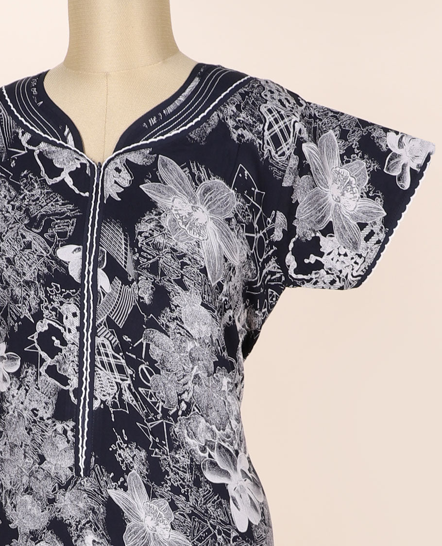 Black floral printed & lace work cotton half-sleeve nighty