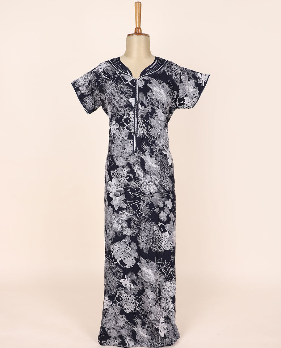 Black floral printed & lace work cotton half-sleeve nighty