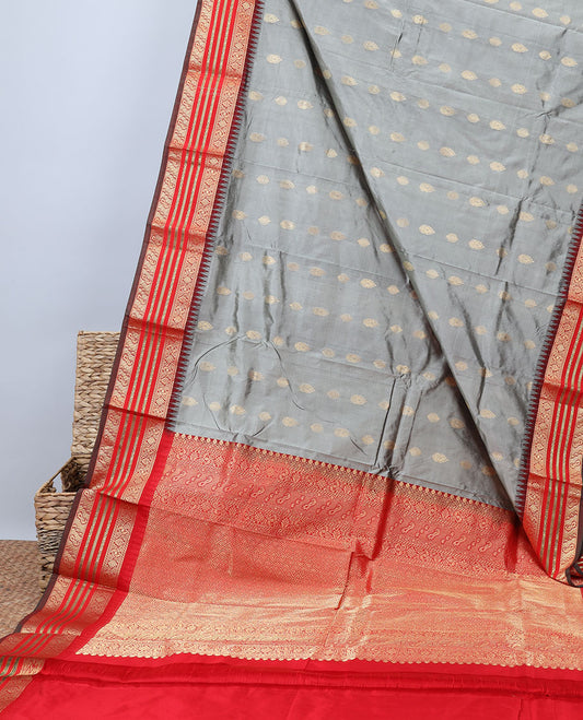 Grey Bangalore silk saree with zari buttas,contrast vidarbha traditional design zari border & intricately designed pallu