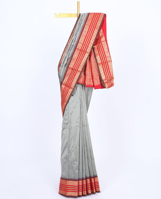 Grey Bangalore silk saree with zari buttas,contrast vidarbha traditional design zari border & intricately designed pallu