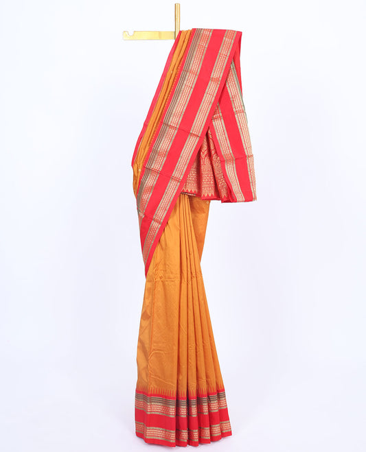 Orange Bangalore silk saree with zari buttas, contrast traditional design zari border & intricately designed pallu