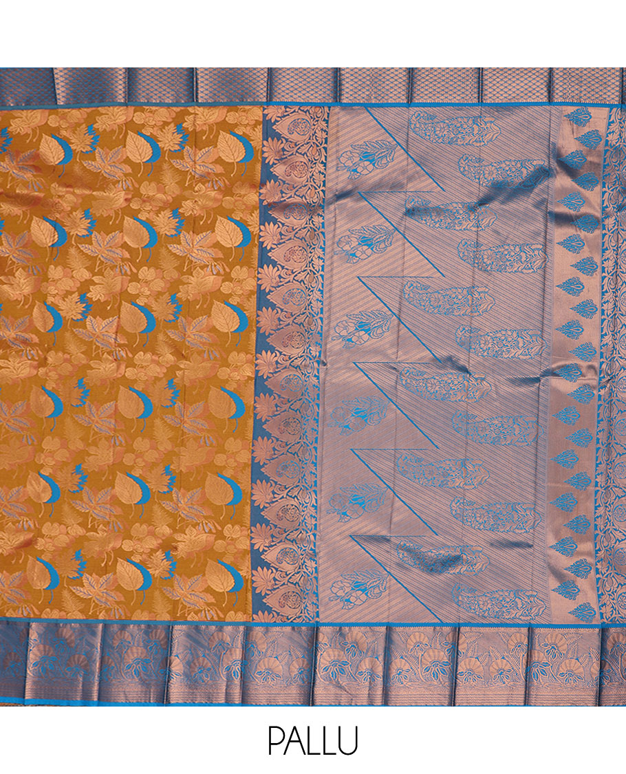 Orange jacquard art silk saree, contrast floral design border & pallu of floral & paisley designs