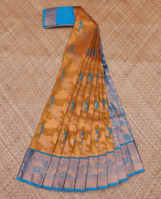 Orange jacquard art silk saree, contrast floral design border & pallu of floral & paisley designs