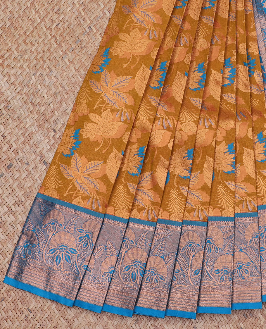 Orange jacquard art silk saree, contrast floral design border & pallu of floral & paisley designs