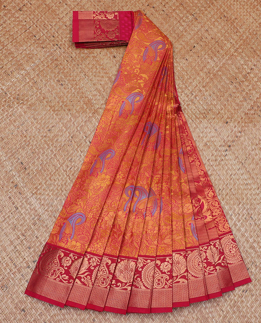 Red jacquard art silk saree, contrast traditional zari design border & pallu of intricate designs