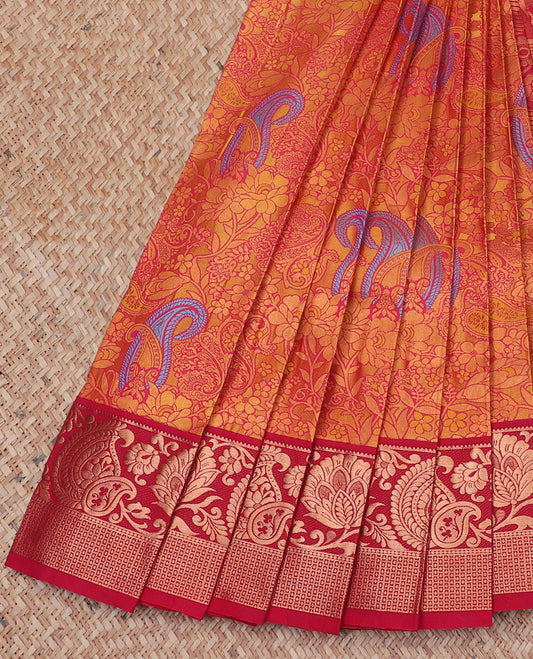 Red jacquard art silk saree, contrast traditional zari design border & pallu of intricate designs