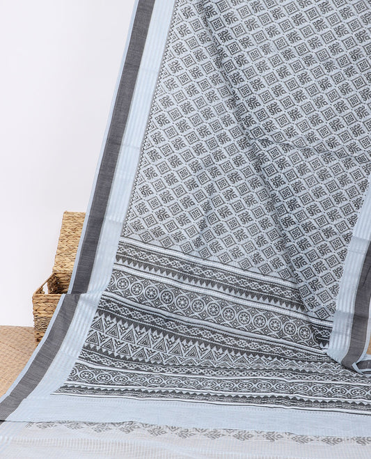 Grey intricately printed casual wear saree, self-border & pallu of geometric patterns  