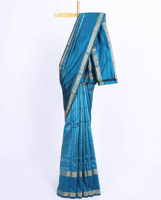 Blue Bangalore silk saree with zari designs, traditional design zari border & pallu of intricate designs