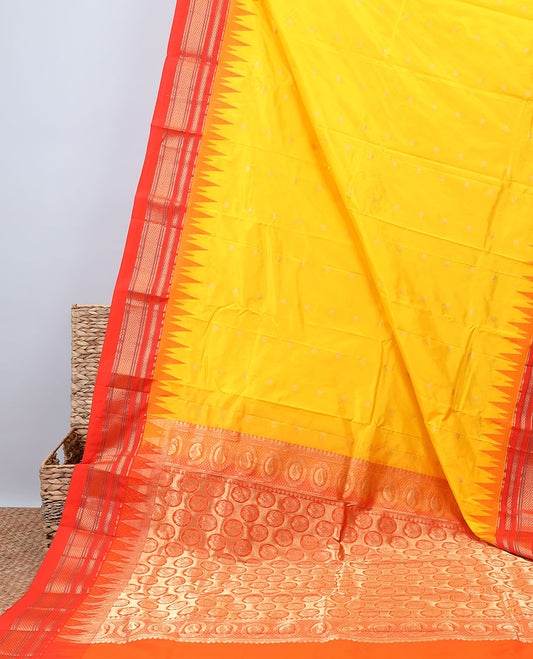 Yellow plain design Bangalore silk saree, contrast vidarbha traditional design zari border & pallu of peacocks 