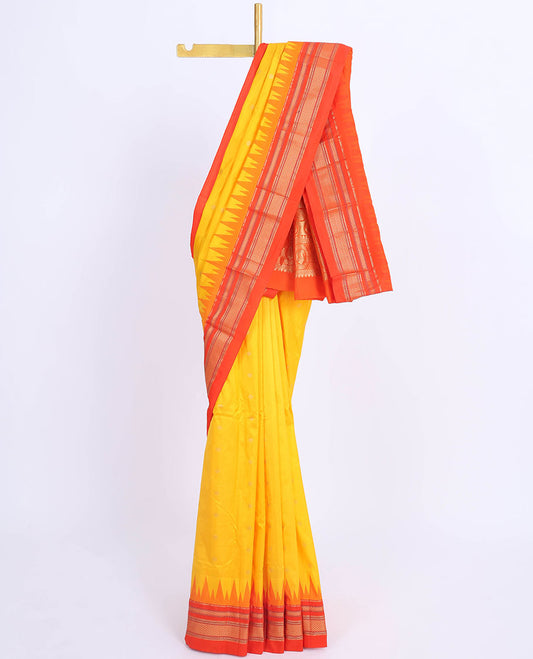 Yellow plain design Bangalore silk saree, contrast vidarbha traditional design zari border & pallu of peacocks 