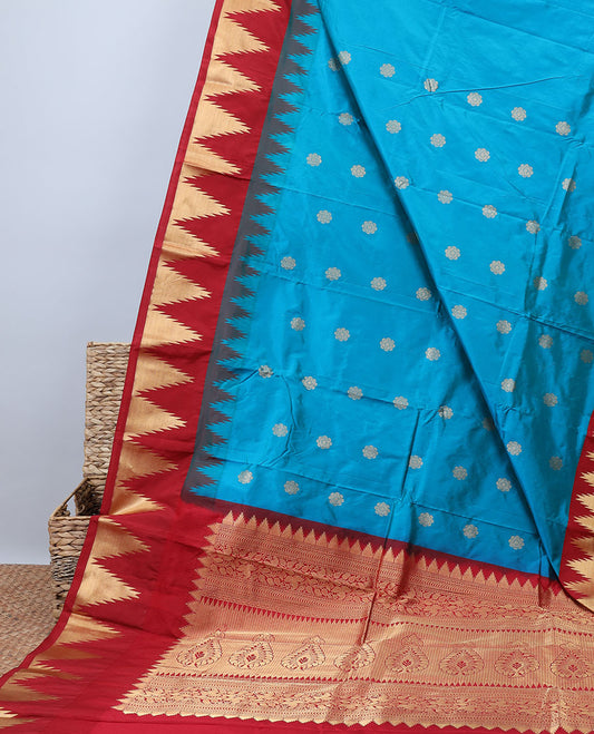 Blue Bangalore silk saree with buttas, contrast zari border of vidarbha designs & pallu of intricate designs