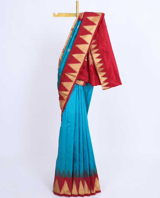 Blue Bangalore silk saree with buttas, contrast zari border of vidarbha designs & pallu of intricate designs