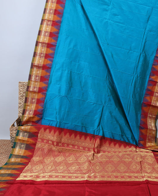 Blue plain design Bangalore silk saree, contrast vidarbha border of traditional zari designs & intricate pallu
