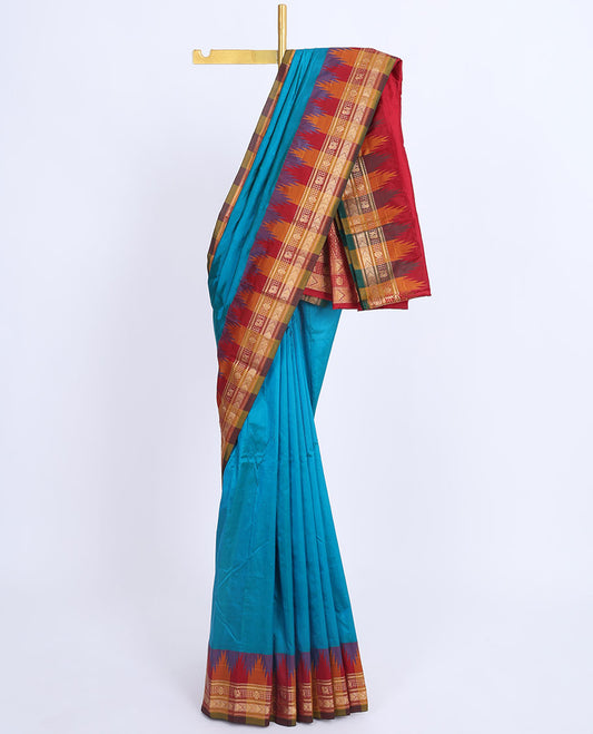 Blue plain design Bangalore silk saree, contrast vidarbha border of traditional zari designs & intricate pallu