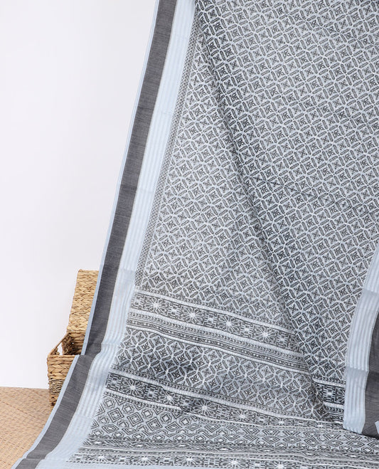 Grey geometric printed casual wear saree, self-border & pallu of geometric patterns  